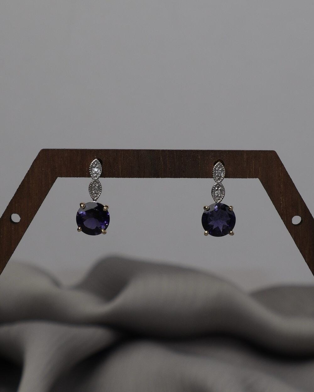 14k Yellow Gold Iolite & Natural Diamond Stud Earrings 2.19G / 0.6in